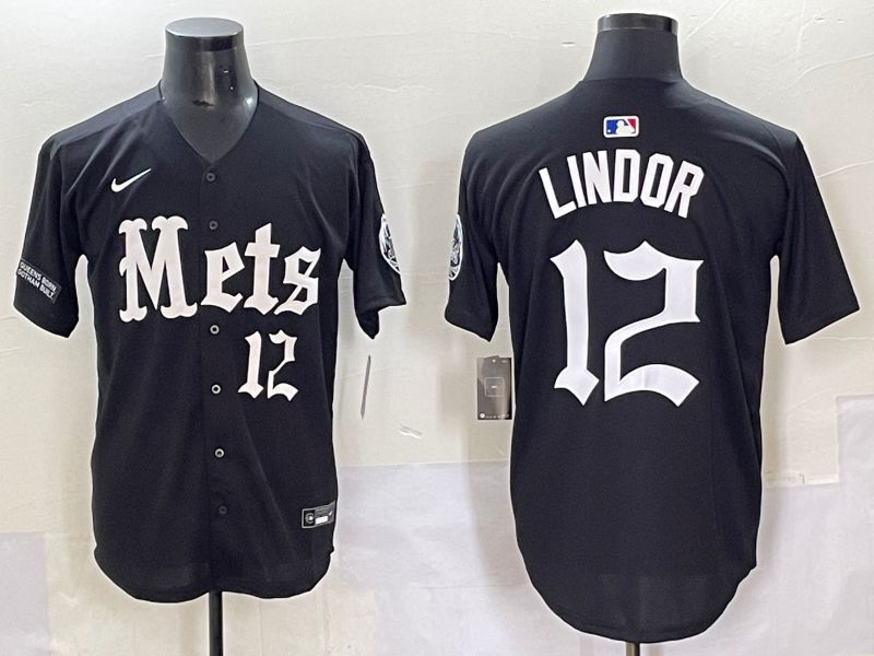 Men 2025 New York Mets #12 Lindor Black Five generations Joint Name Nike MLB Jersey style 9
